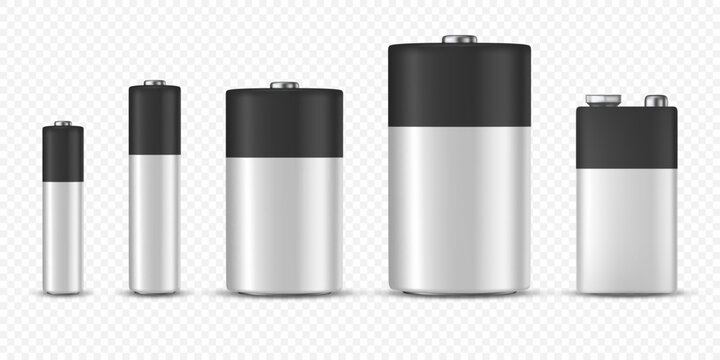 Vector 3d Realistic Black and White Alkaline Battery Icon Set Closeup Isolated. Diffrent Size - AAA, AA, C, D, PP3. Design Template for Branding, Mockup. Vector Illustration