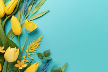 Spring flowers on blue yellow pastel background top view in flat lay style. AI generative