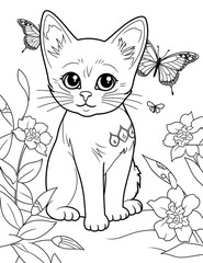 Little kitten with flowers and butterfly, line art for coloring book on white background, AI generative