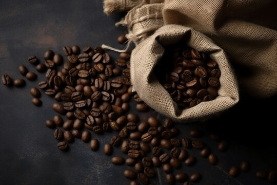 Top view of coffee beans in a sack on dark background. AI generative