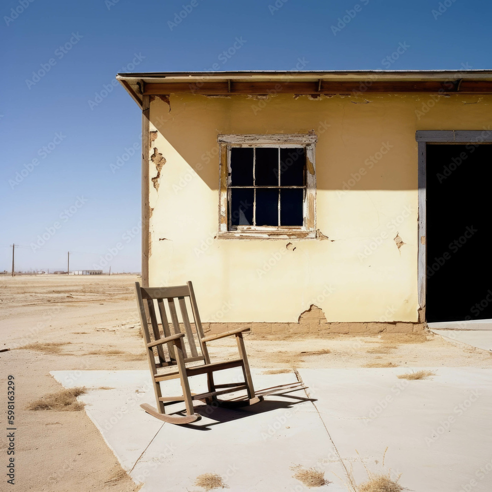 Aufkleber an empty rocking chair on a porch overlooking a boarded up factory and a barren landscape its owner 