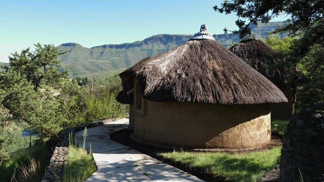 Decorated traditional round plaster dwelling in mountains of Lesotho