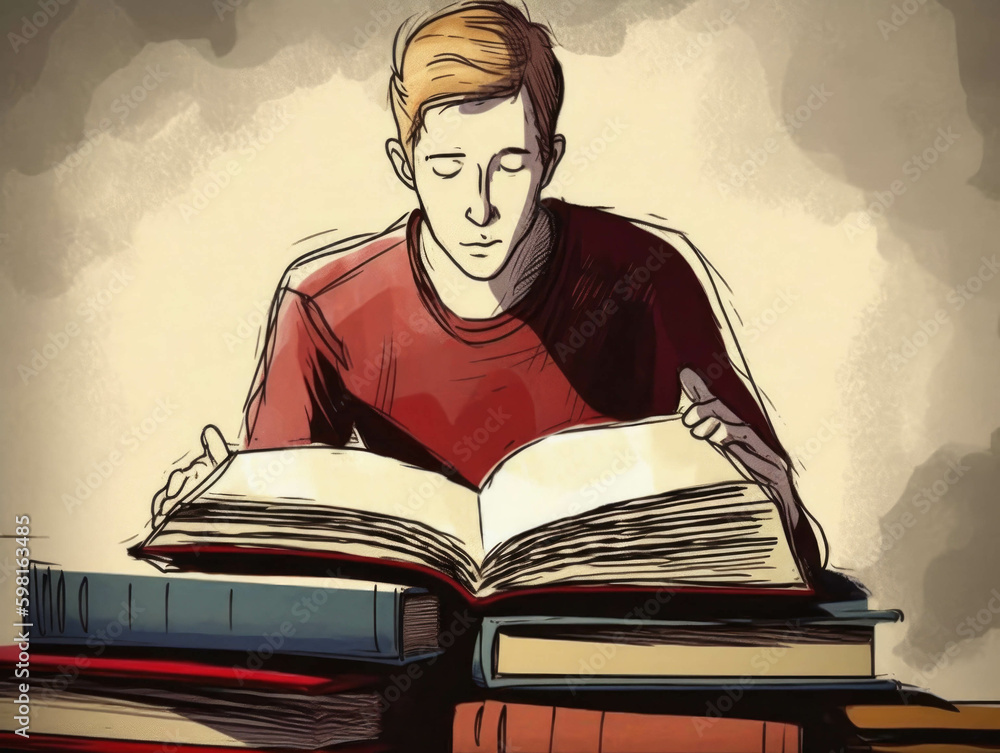 Aufkleber a student intently studying from a worn out dogeared textbook while a newer more vibrant book sits u