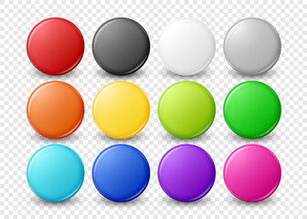 Vector 3d Realistic Round Metal, Plastic Blank Empty Button Badge Icon Set CLoseup Isolated, Front View. Button Pin Badge Collection. Glossy Brooch Pin. Front View. Template for Branding, Mock-up