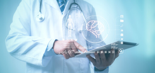 Fototapeta premium Doctor work with experiences a virtual interface with Brain and human body analysis. Digital healthcare and network connectivity on a modern interface. medical technology and futuristic concept