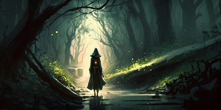 A mysterious woman walks through a dark forest