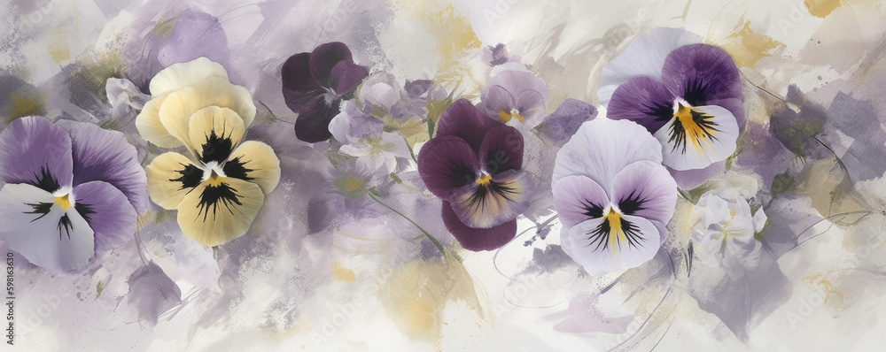 Poster a tranquil field of pansies floating in the gentle morning air.. ai generation. generative ai