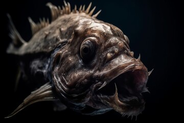 deep sea fish humpback anglerfish close up, terrifying fish with wide open mouth, generative AI