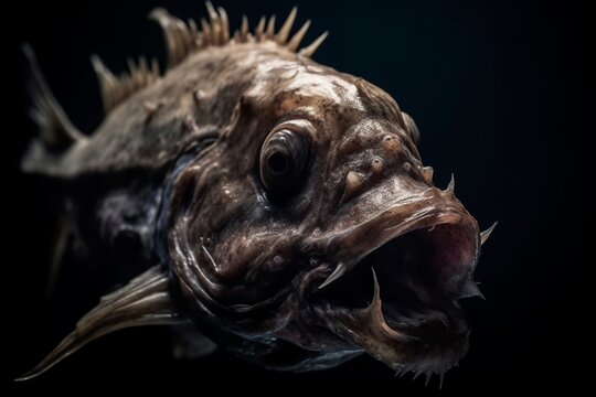 Deep Sea Fish Humpback Anglerfish Close Up, Terrifying Fish With Wide Open Mouth, Generative AI