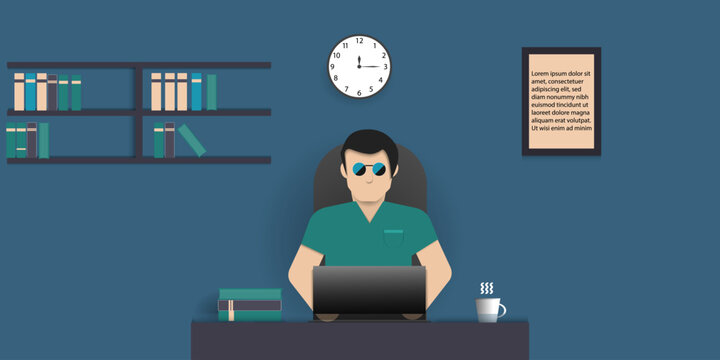 man sitting desk  in living room at home using laptop computer working s, paper cut design vector illustration, Business technology  Conc
