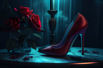 Black tango shoes, high heel stilettos on a black background decorated with rose flower. Dark cyan and red background, AI generative. - obrazy, fototapety, plakaty