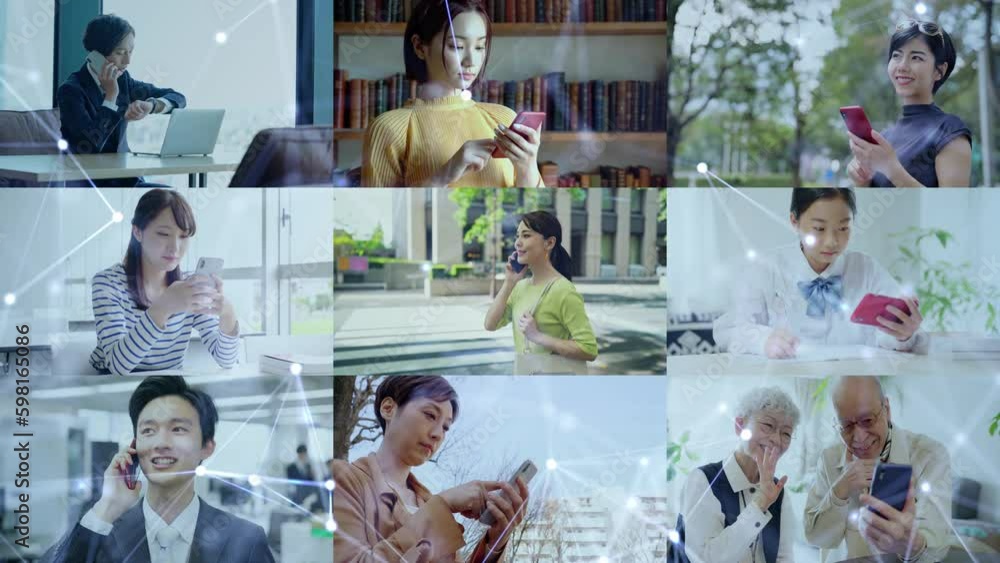 Aufkleber スマホを使う人々とネットワークイメージのコラージュ映像　白バックからのワイプトランジション
