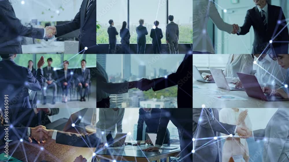 Poster collage movie of various business scenes. communication network concept. wipe transition from white 