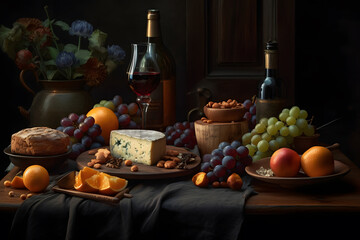 Wine, cheese and grapes in a vintage setup. Neural network AI generated art