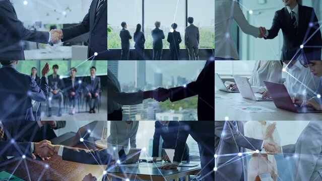 Collage movie of various business scenes. Communication network concept. Wipe transition from white background.