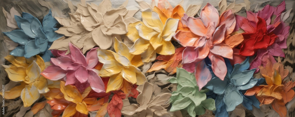 Poster A beautiful rainbow of petals wrapped within a frame of lively foliage.. AI generation. Generative AI