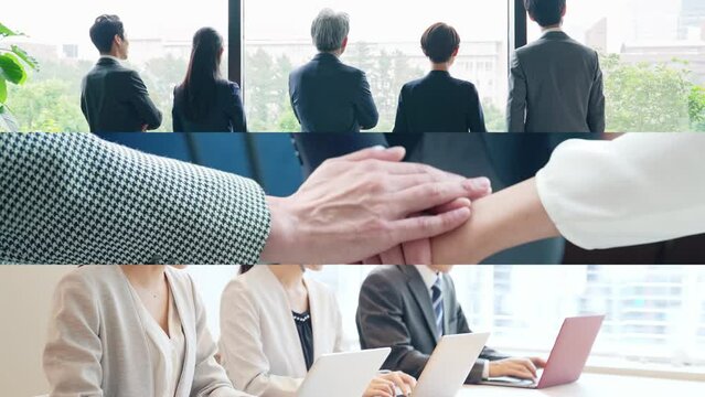 企業とチームワークのコラージュ映像　白バックからのワイプトランジション