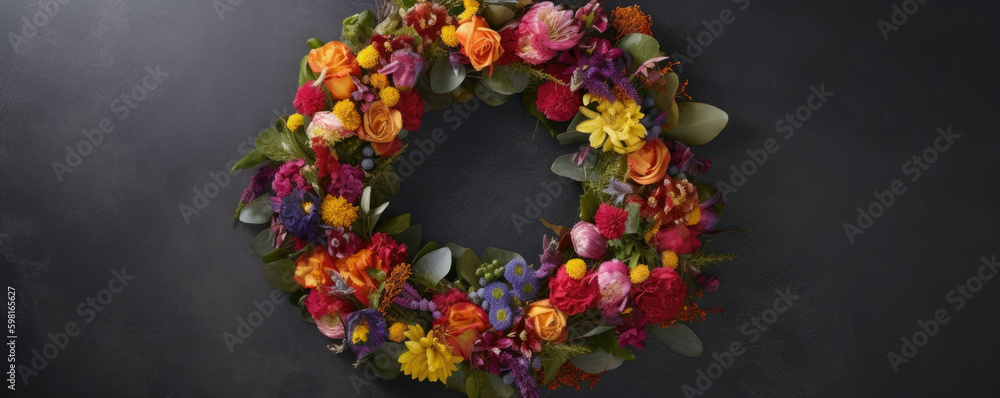 Poster an enchanting wreath of vibrant hues artfully arranged and adorned with graceful foliage.. ai genera