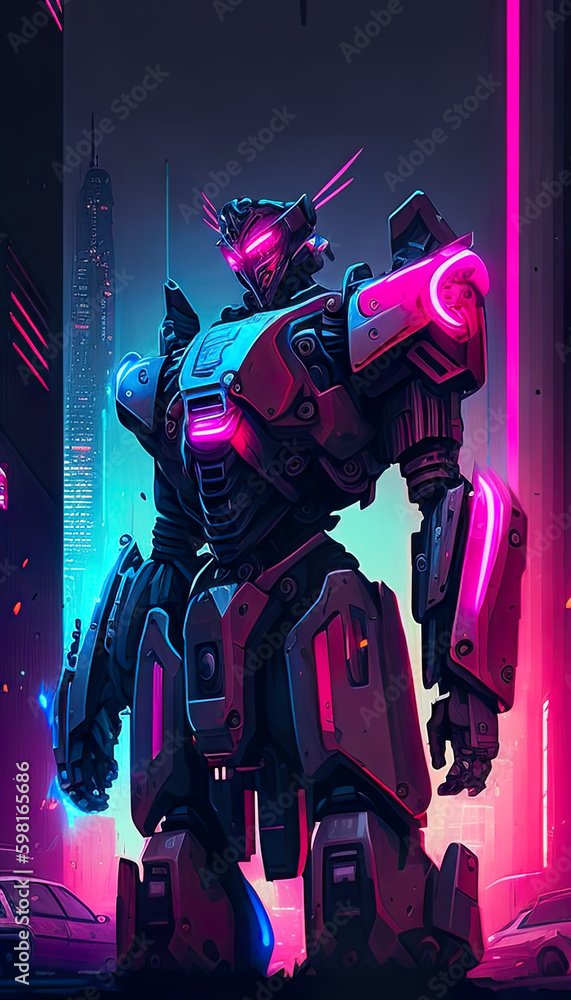 Poster a large robot standing in the middle of a city. ai generative.