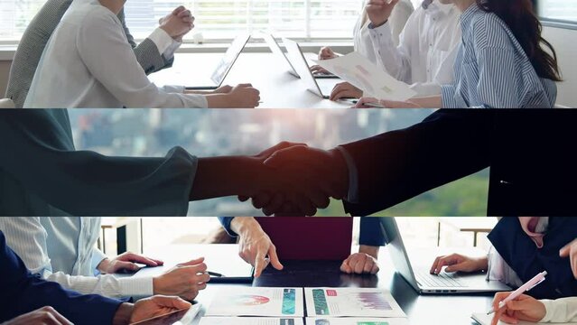 Collage movie of various business scenes concept. Wipe transition from white background.