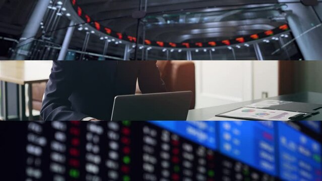 Collage movie of financial investor concept. Transition from white background.