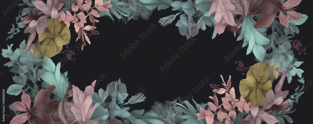Poster an intricately detailed frame filled with delicate colors highlighted by leaves and herbs.. ai gener