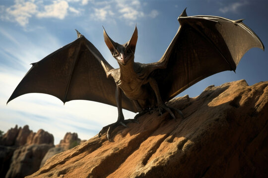 A Pterodactyl perched atop a jagged rock formation wings outstretched and eyes wide open.. AI generation. Generative AI