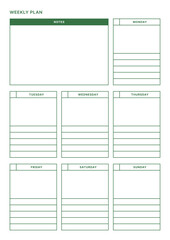A weekly plan design template in a modern, simple, and minimalist style. Note, scheduler, diary, calendar, planner document template illustration.