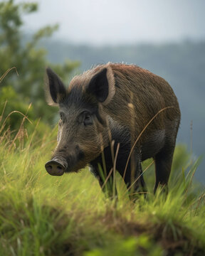 A wild boar grazes on a hillside of lush green grass the beauty of nature standing against the raes of war. Abandoned landscape. AI generation. Generative AI