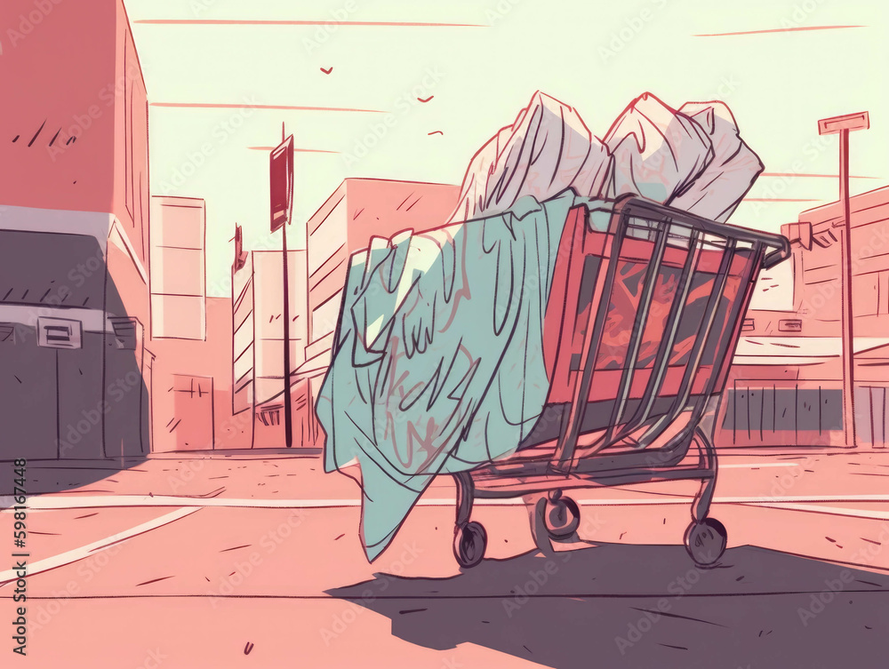 Poster an abandoned shopping trolley holds a few tattered blankets and clothes with a homeless person visib