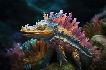 A colorful water dinosaur weaving its way through the coral with its tall frilled crest.. AI generation. Generative AI