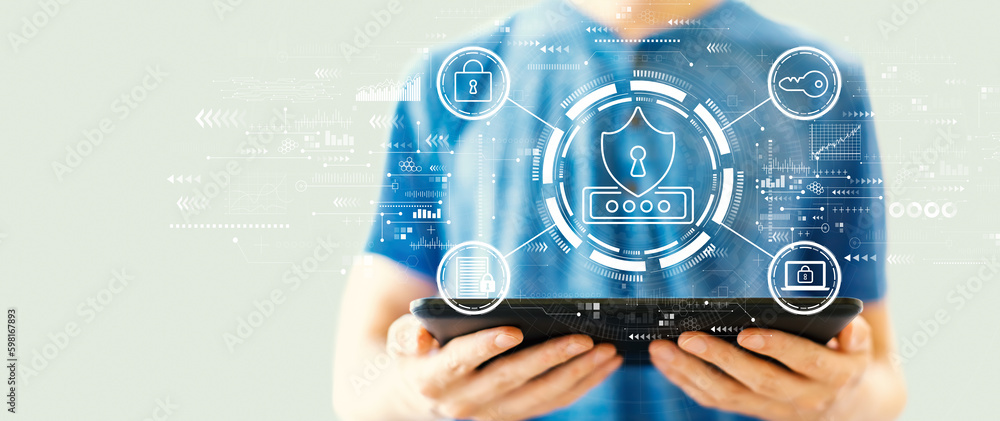 Aufkleber cyber security theme with man using a tablet