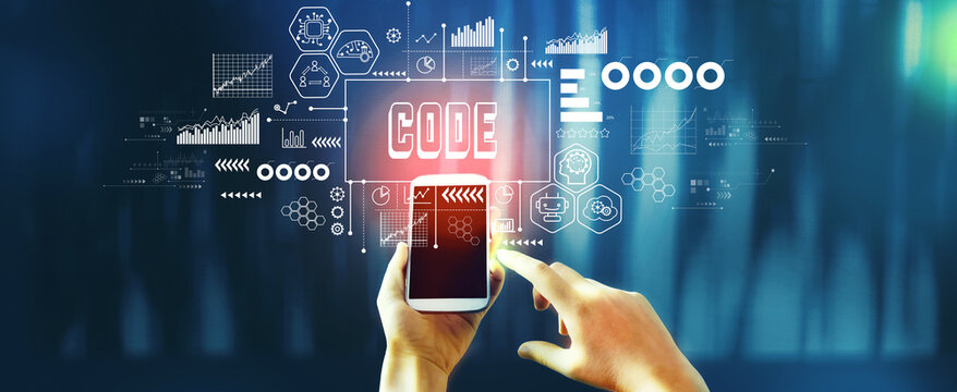 Code theme with person using smartphone