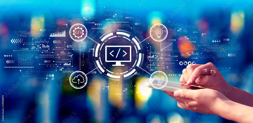 Aufkleber web development concept with person using a smartphone at night