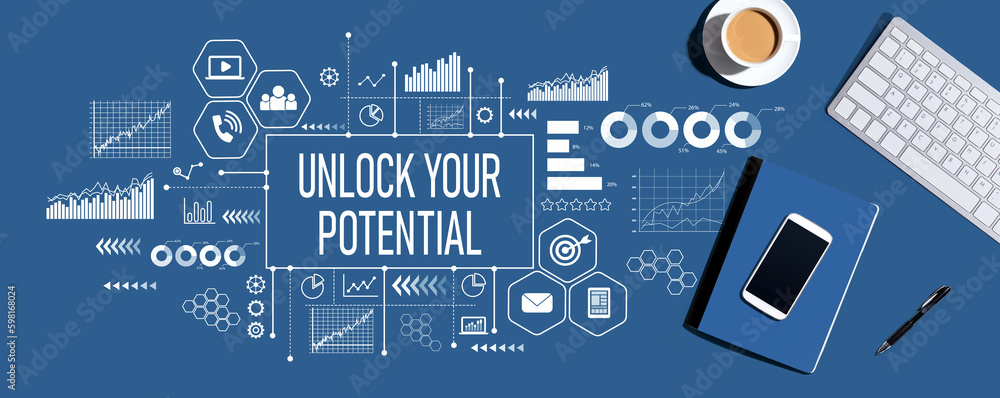 Poster unlock your potential theme with computer keyboard and office items