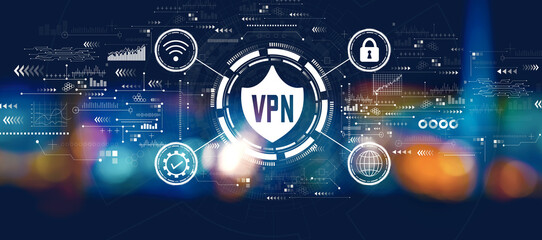 VPN concept with blurred city at night