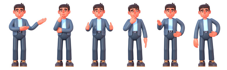 3d render of man in suit showing various emotions, poses. Cheerful 3d businessman set