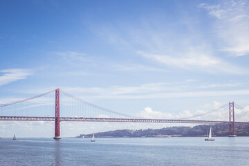The 25 April Bridge or Ponte 25 Abril located in Lisbon, Portugal. First suspension bridge over Tagus River