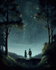 Obraz na płótnie Canvas A couple watching the stars at night conveying the delight of a romantic evening. Psychology emotions concept. AI generation. Generative AI