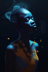 Dramatic portrait render painting of an African American girl. Generative AI creation. Against a dark background with cinematic lighting and splashes of paint. Perfect for magazine or fashion articles