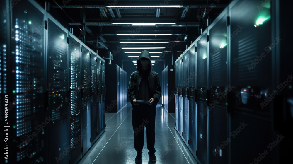 Canvas Prints silhouette of a hacker wearing a hoodie stands in a server room, illuminated by glowing lights, ai g