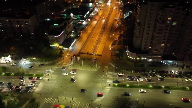 Traffic At The Intersection Of Iuliu Maniu Boulevard At Night In City Of Bucharest, Romania. - aerial