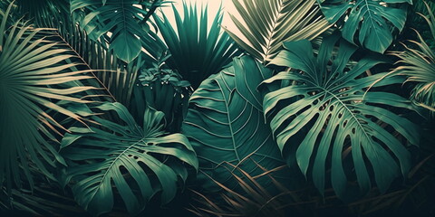 Naklejka na ściany i meble Tropische Blätter Hintergrund. Grüne Palmenblätter, Natur Hintergrund mit AI erstellt 