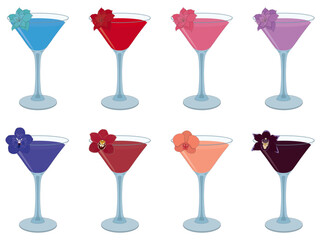 Alcohol cocktails decorated with flower garnish collection vector illustration