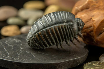 A single trilobite fossil a tiny specimen of the ancient and mysterious past.. AI generation. Generative AI