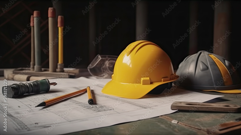 Poster a yellow hardhat lies on a table with plans from the architect. generative ai