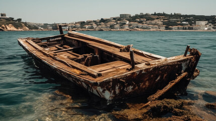 Obraz premium an old boat wreck lies on the shore. Generative AI