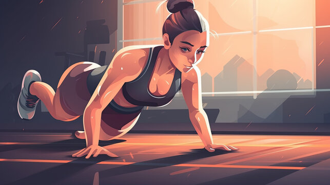 illustration of a woman doing push-ups. Generative AI