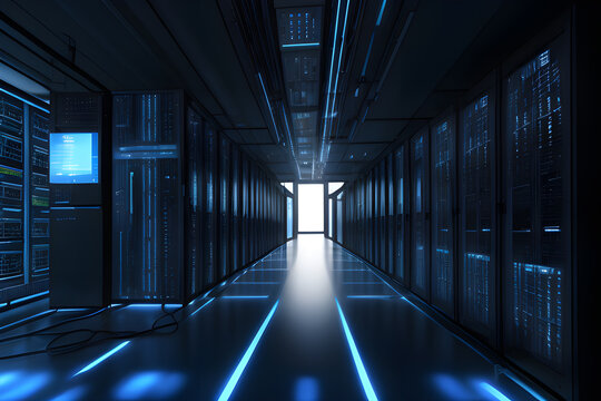 Data center premises with computers, big data. Generative AI