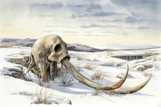 A Mammoth skeleton tered across a desolate icescoured tundra its once massive frame now fragile and crumbling.. AI generation. Generative AI